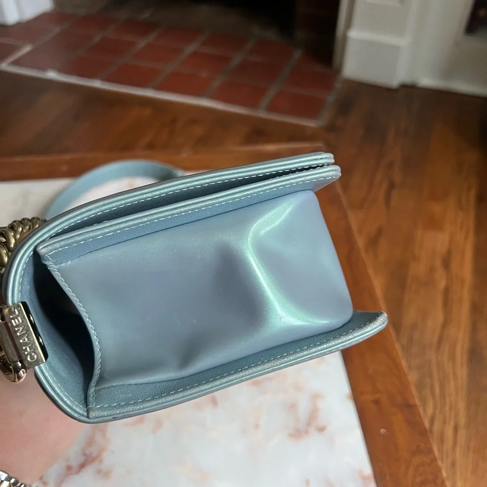 Chanel Quilted Blue Patent Leather Iridescent Medium Boy Bag